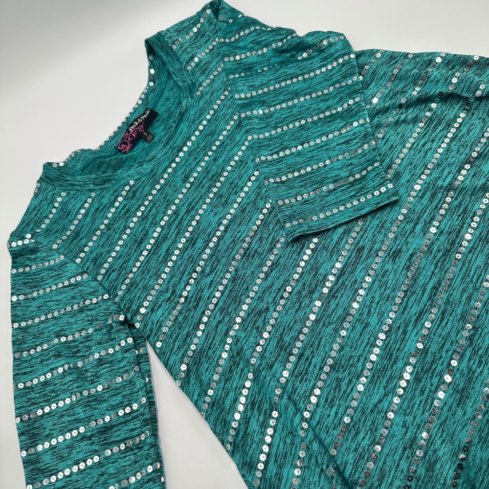 Peck & Peck Top Womens S Teal Excellent Sequin Sharkbite Hem Space Dye Sparkle